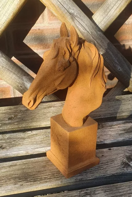 Rusty Cast Iron Horse Head Bust on Plinth Aged Metal Garden Decor