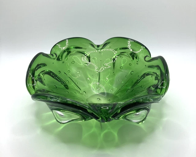 Midcentury Murano Bullicante glass, emerald green & clear art glass bowl ashtray