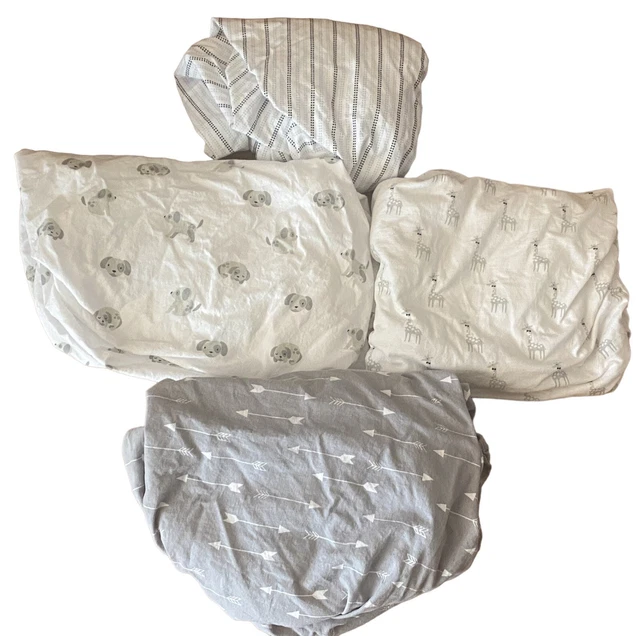 Cloud Island Crib Sheets Lot Of 4 White Gray Blue Puppies Arrows Giraffes Stripe