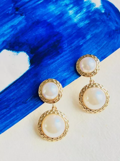 White Double Large Round Pearls Elegant Drop Clip, Earrings Gold Women Her Gift