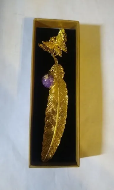 Metal Feather Bookmark Golden Bookmark with 3D Butterfly Pendant Purple