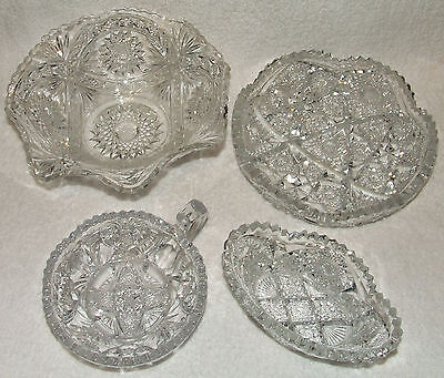 4 Pc Antique Abp & Eapg Imperial Nucut Glass & Crystal Bowls Hobstar Sawtooth