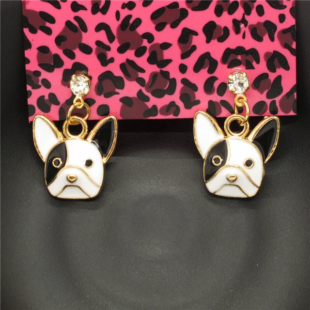Cute Black and White Enamel Puppy Dog Fashion Women Stand Jewelry Earrings