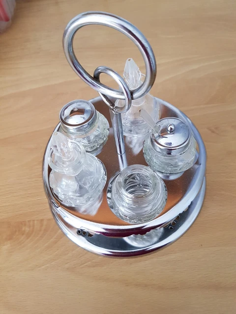 Ancien Serviteur De Table En Verre Vintage - Huilier/vinaigrier Avec Support Argenté
