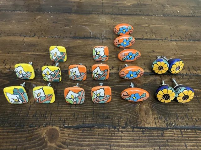 Lot of 19 Hand Painted colorful Ceramic Cabinet Knobs Pulls Drawer Door Handles