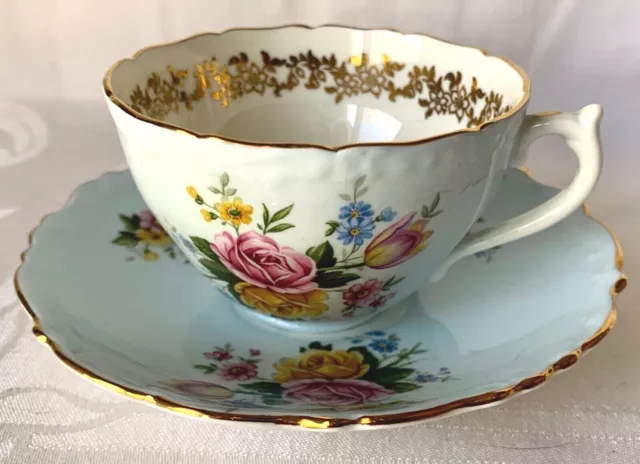 Lovely E. Brain E.b. Eb Foley Blue Floral Cup & Saucer, Pink Roses, Faint Crack