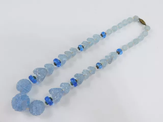 Antique Czech Crackle & Textured Glass Blue Beaded Necklace 16" Long