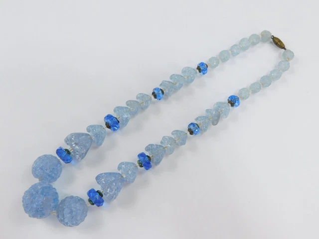 Antique Czech Crackle & Textured Glass Blue Beaded Necklace 16" Long