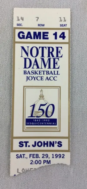 1992 02/29 St. John's at Notre Dame Basketball Ticket Stub - Seat 11