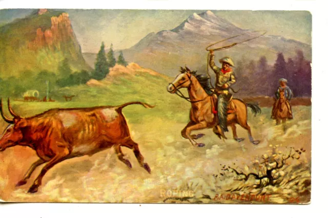 Cowboy Horseback-Roping Cattle-R A Davenport Signed Western Art-Vintage Postcard