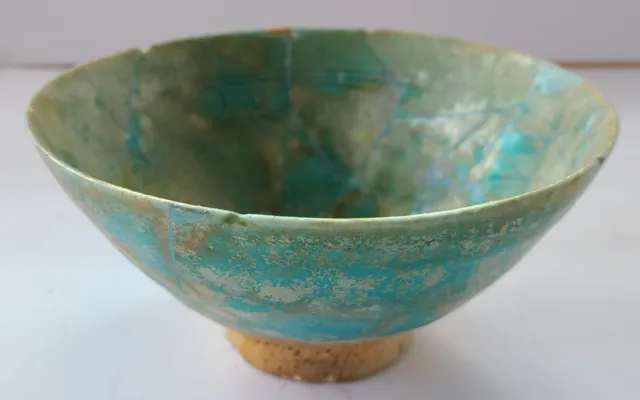 Ancient Kashan Nishapur Glazed Turquoise Blue Persian Bowl Restored