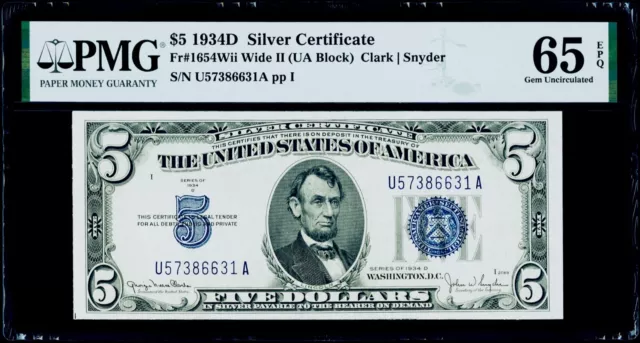 $5 1934D Silver Certificate Wide II Fr#1654Wii PMG 65 EPQ Gem Uncirculated 3