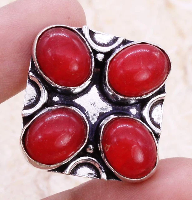Red Coral 925 Silver Plated Handmade Ring of US Size 8.75 Ethnic