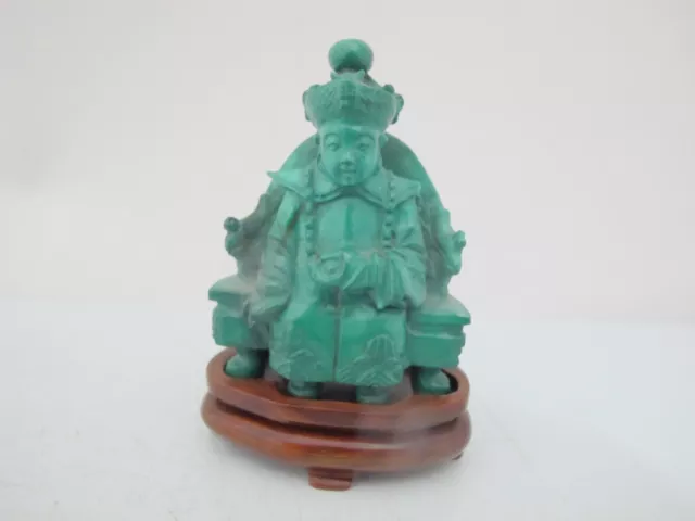 CHINESE Finely Hand Carved Green MALACHITE Figural SCHOLAR Sculpture Wood Stand