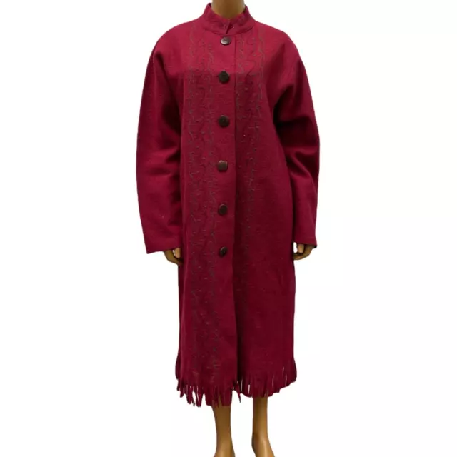 J. Jill Womens Long Coat Red Geometric Pockets Fringe Hem Alpaca Blend M New