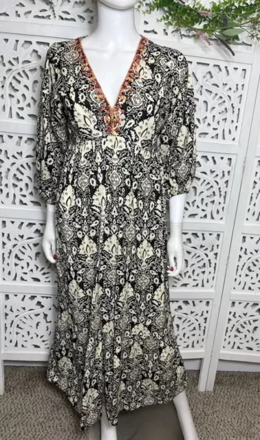 Zara Women’s Floral Cotton Linen Blend Tiered Boho Midi Kaftan Dress Size S