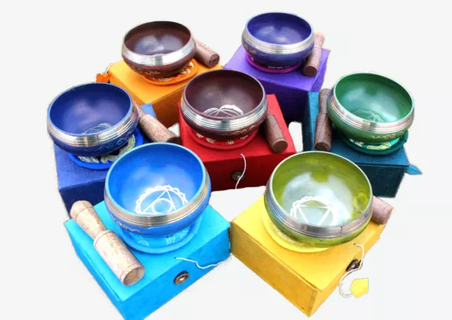 Seven Chakra Signs Embossed Painted Singing Bowls with Cushions and Stupa Sticks