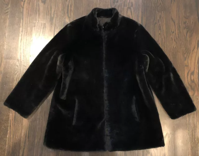 KRISTEN BLAKE Black Faux Fur Coat size Large REVERSIBLE Soft Plush Jacket EUC