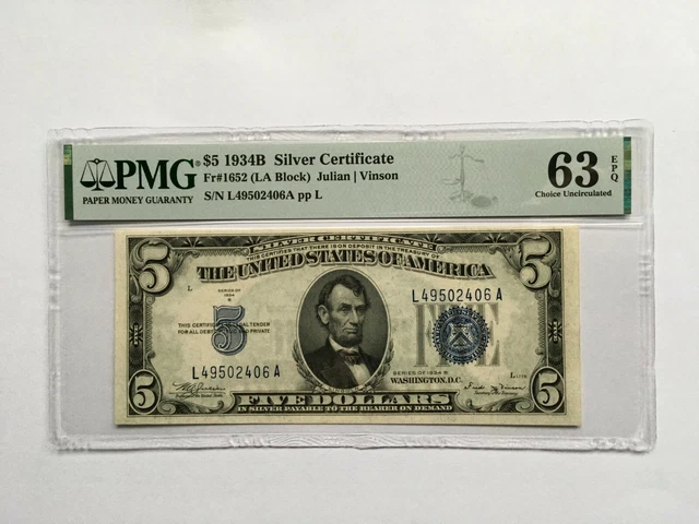 Silver Certificate $5 1934B Fr#1652 (LA Block) Julian/Vinson