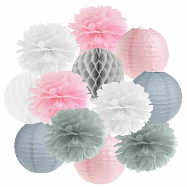 Hängedekoration 12 teilig Pompoms Lampions Wabenbälle Mix rosa / grau / weiß