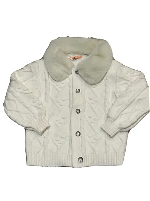 New River Island Mini Girls White Knitted Jacket Fur Collar 2-3 Years