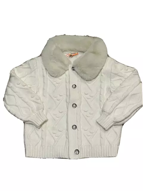 Nuovo River Island Mini Ragazze Giacca Lavorata a Maglia Bianca Collare di Pelliccia 2-3 Anni