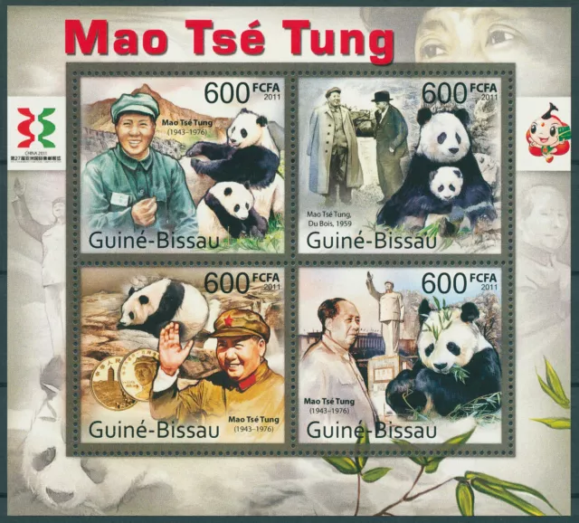 Guinea-Bissau 2011 MNH Wild Animals Stamps Giant Pandas Mao Tse Tung 4v M/S