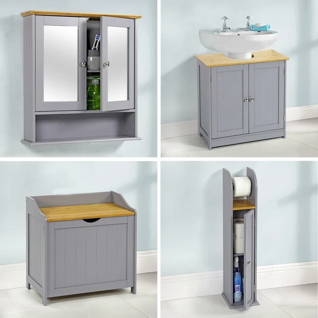 GREY/BAMBOO WOODEN BATHROOM Shelf Cupboard Storage Unit Free