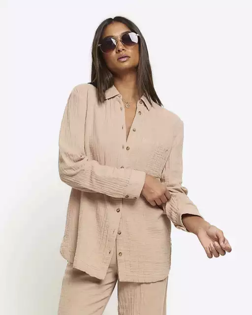 River Island Womens Beige Cotton Long sleeved Shirt Size 10