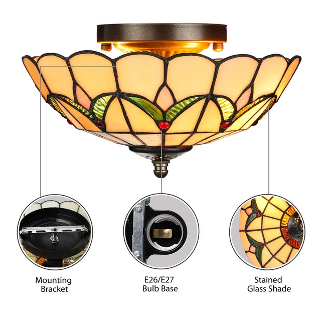 Retro Tiffany Style Flush Mount Ceiling Light Flower Stained Glass Lamp Fixture