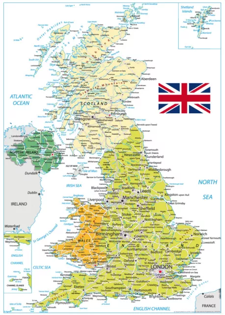 UK Map Great Britain Kingdom Borders A2 Poster Office Print 59cm x 42cm BLPA2P25