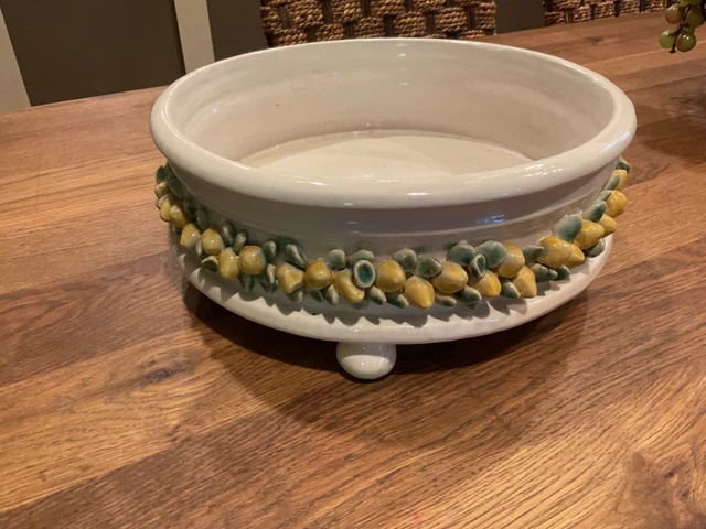 Antique Majolica Pottery Huge 12” Round Centerpiece Fruit Bowl 3 D Lemons Italy