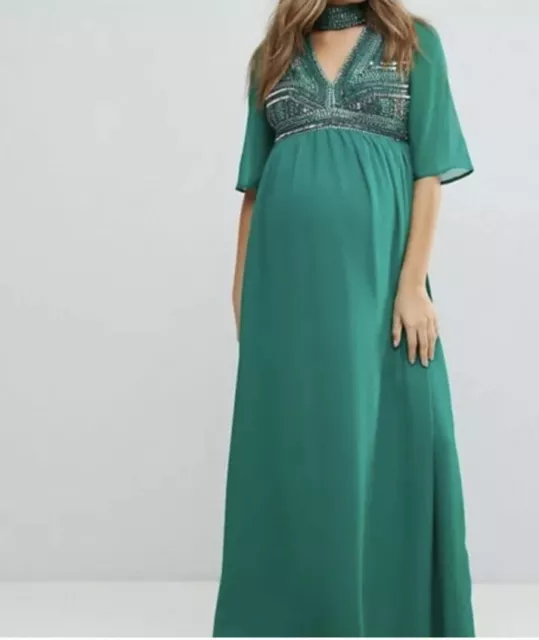 Asos Maternity Deep V Neck Embellished Dres Emerald Maxi Size 10