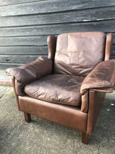 vintage retro Danish mid century brown leather wing Back chair armchair MCM