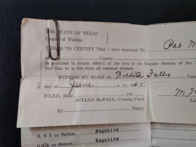 Medical Test Results 1942 Wichita Falls TX Pat Morgan Dr. Glover 2