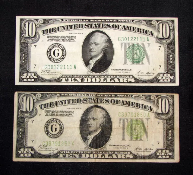 1928 B $10 Federal Reserve Currency Lot Of 2 Green Seal Notes