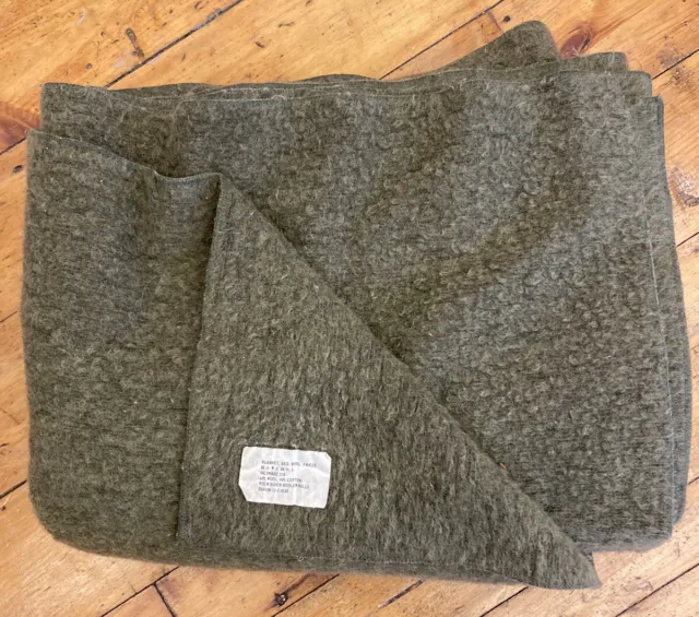 Vintage US Military Green Wool Frieze Blanket ROCK RIVER Woolen Mills 66” X 84”