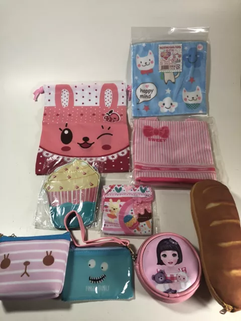 Kawaii Lot of 9 Coin Purses Pouches Make Up Case Totes Drawstring Bag Pencil NEW