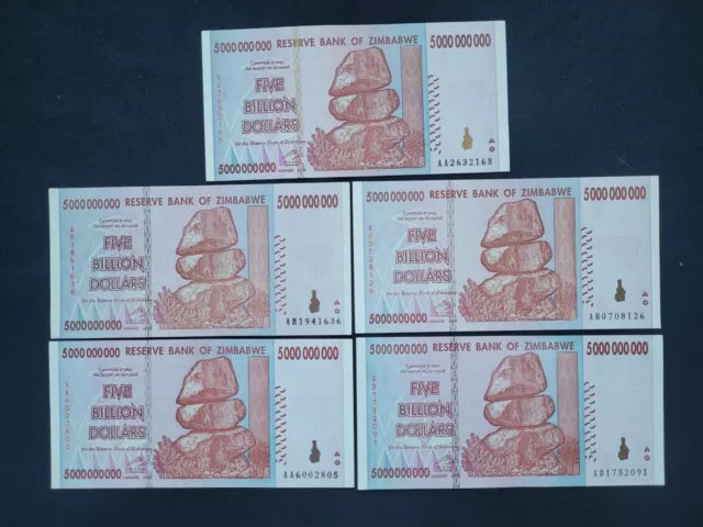 Zimbabwe 5 x 5 Billion Dollars 2008 - Pick- 84 - Lot 5 PCS