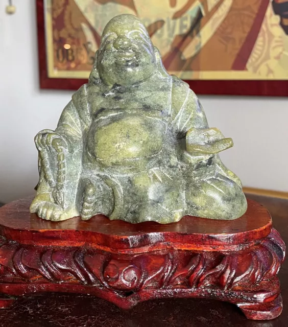 Antique Chinese Carved Stone Small Sitting Laughing Buddha Statue Wood Base