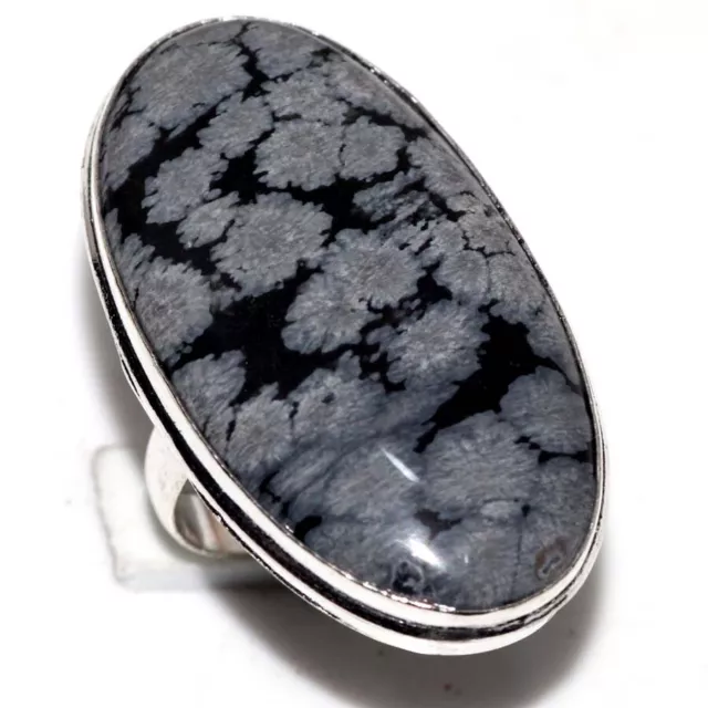 925 Silver Plated-Snowflake Obsidian Ethnic Gemstone Ring Jewelry US Size-6 o578