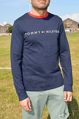 Nuovo con etichette Tommy Hilfiger a maniche lunghe Essential Logo Ricamato Blu T Shirt Tee Navy