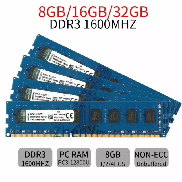 Kingston 32GB 16GB 8GB DDR3 1600MHz PC3-12800 KVR16N11/8 Desktop Memory Lot Blue