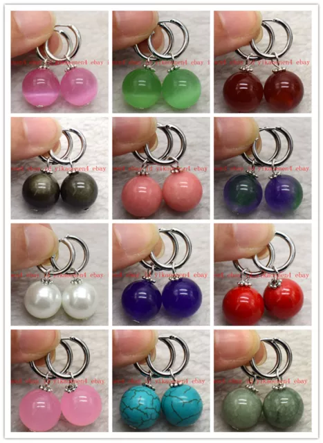 Natural Pretty 14mm Multicolor Gems Round Beads Silver Leverback Dangle Earrings