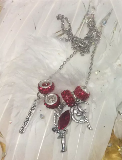 Code 715 Believe in Fairy Love Rhinestone Necklace Fairy on the Moon Red