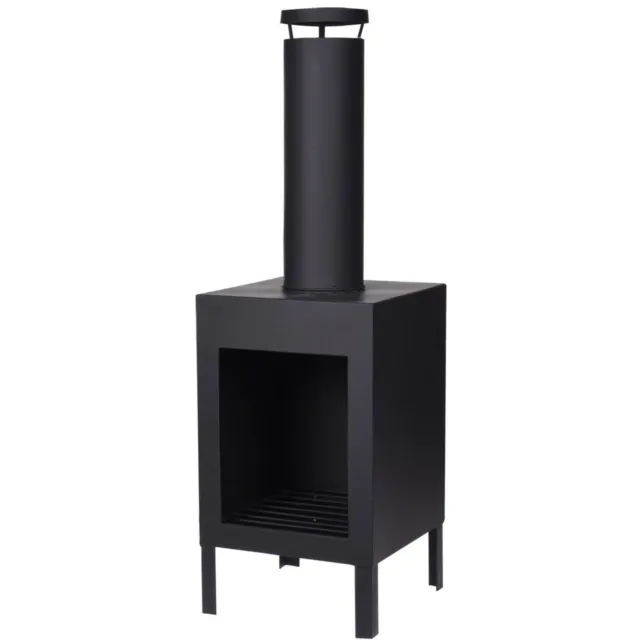 100cm Matt Black Square Steel Chimney Fire Pit Outdoor Garden Chiminea Heater