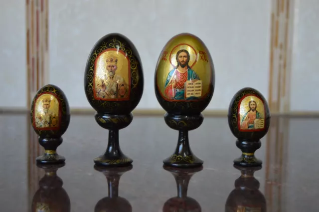 4 Rare Russian Orthodox Wood icon Egg Stan Virgin Mary Christ  Hand-Painted