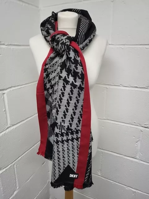 DNKY Black & Grey Houndtooth Scarf/Shawl With Red Edging. PW