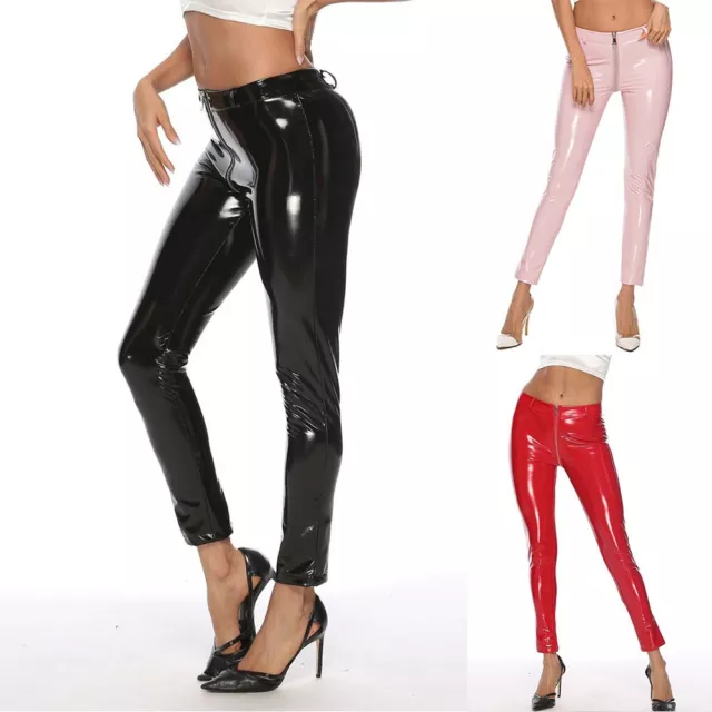 leggings femme en cuir PVC rose taille haute fesses pantalon extensible maigre M