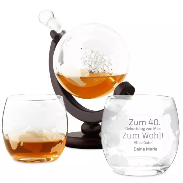 Whisky Decanter Set - Whisky Karaffe 850 ml + 2er Whisky Gläser Set mit Gravur